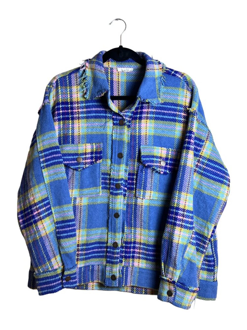 La Miel Plaid Shacket Blue Pink Fringe Oversized Small